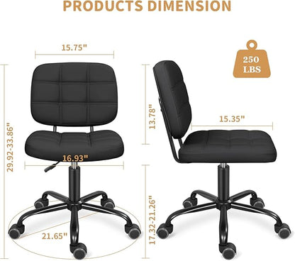 ERGOSEAT Armless Office Chair with Wheels, Small Desk Drafting Chair for Small Space, PU Leather Computer Task Chair, Height Adjustable Rolling Chair, Compact Chair for Home Office, Dorm, Vanity,Black