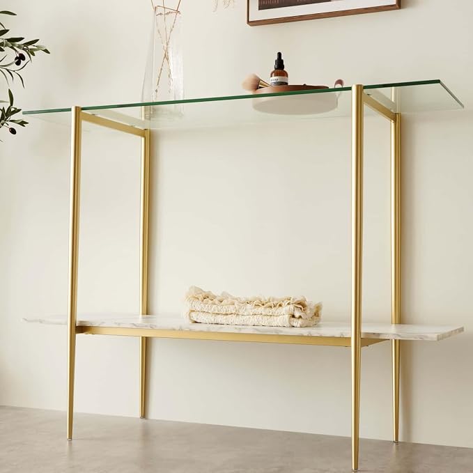 LumFurn Glass Console Table for Living Room, Foyer & Entrance, 2-Tiers Mid-Century Modern Sofa Table with Clear Glass Top, White Marble Finish Wood Shelf and Gold Finish Frame