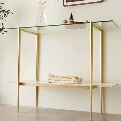 LumFurn Glass Console Table for Living Room, Foyer & Entrance, 2-Tiers Mid-Century Modern Sofa Table with Clear Glass Top, White Marble Finish Wood Shelf and Gold Finish Frame