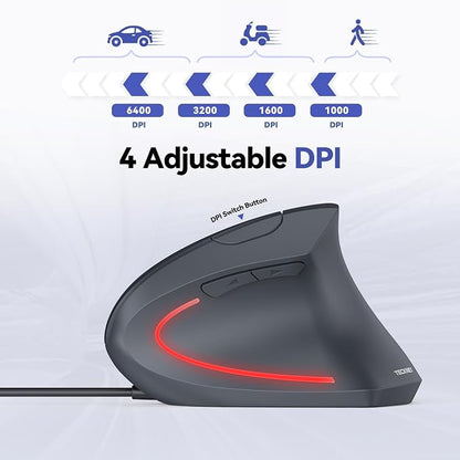 TECKNET Wired Mouse, 6400 DPI Ergonomic Mouse 6 Buttons Silent Mice 4 Adjustable DPI Vertical Mouse Compatible with Windows/Chrome/Laptop/Computer