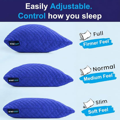 Sidney Sleep Adjustable Bed Pillow for Neck and Shoulder Support with Extra Shredded Fill - Cervical Contour Pillow for Side and Back Sleepers. Standard Size 19" x 26" CertiPUR-US Certified (Blue)