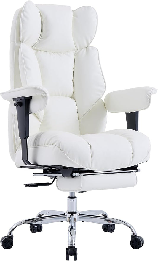 Efomao Executive Office Chair 400lbs,White Big and Tall Desk Chair | Mattress-grade pocket spring cushion, sleek leather, 135° recline & footrest for computer gaming setup.