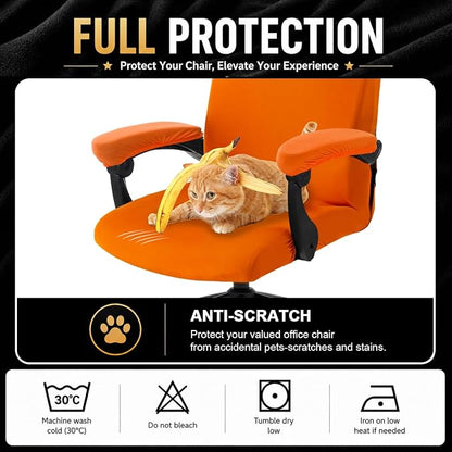 Stretch Computer Office Chair Cover with Armrest Covers Durable Zipper Universal Washable Removable Spandex Rotating Boss Chair Slipcovers Anti-dust Soft Desk Chair Seat Protector, Orange