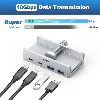 EJAY Desk Clamp USB Hub, 10Gbps Mountable USB C Hub Multiport Adapter, Aluminum Desktop Hub Desk Mount for iMac, Mac, PC, Under Desk USB Port Expander Splitter for Workstation, Silver