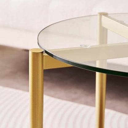 LumFurn Round Glass End Table, Mid-Century Modern Design Sofa Table for Living Room, D18 x H23, 2-Tier Structure, Clear Glass Top and Walnut Shelf, Sleek Conical Legs with Gold Finish Frame