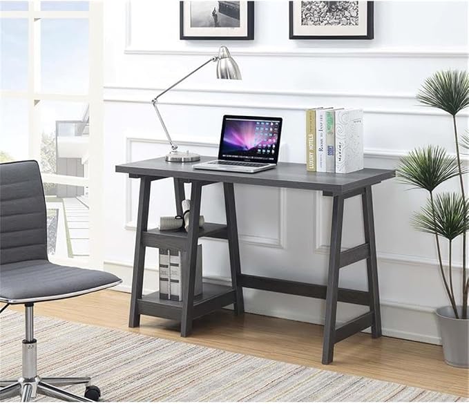 Convenience Concepts Designs2Go Trestle Desk 47" - Modern Desk or Vanity with Shelves, for Office, Dorm, Living Room, Charcoal Gray