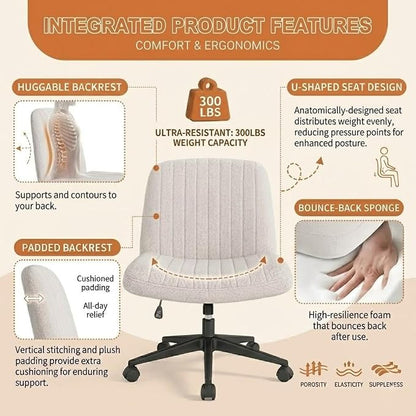 Criss Cross Chair with Wheels Wide Cross Legged Cute Office Desk Comfy Vanity Makeup Chair Fabric Height Adjustable Swivel for Home Computer Task, White