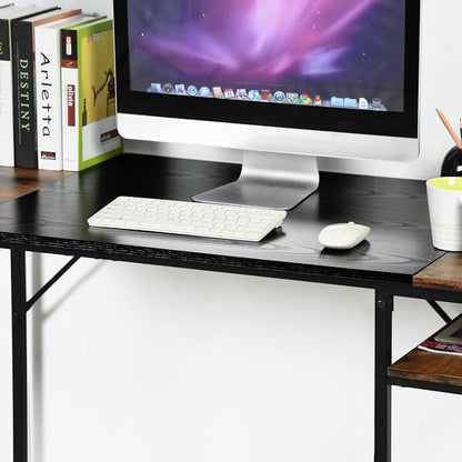 FurnitureR 47.2 inch Study Writing Table with Storage Shelves Space Saving for Home Office, Modern Simple Style PC Metal Frame Computer Desk, Black&Brown