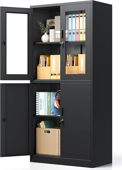 Metal Storage Cabinet with Glass Doors, Lockable Office Storage Cabinet, 71" Tall Display Case with Adjustable Shelves for Home Office,School and Hospital (Black)