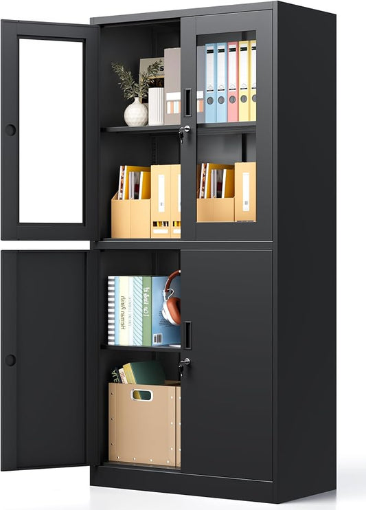 Metal Storage Cabinet with Glass Doors, Lockable Office Storage Cabinet, 71" Tall Display Case with Adjustable Shelves for Home Office,School and Hospital (Black)