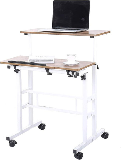 soges Rolling Standing Desk Height Adjustable, 31.5 inch Mobile Stand Up Computer Desk, Sit-Stand Tiltable Top Desk Laptop Stand for Small Spaces, Tall Table for Standing or Sitting, Oak Color
