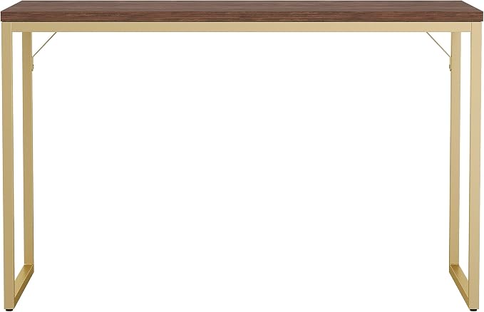 Martha Stewart Noah Home Office Parsons Desk in Walnut Wood Grain with Polished Brass Metal Frame