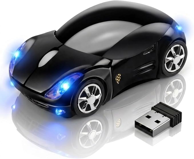 Black Wireless Car Mouse, 2.4G with USB Receiver, 1600DPI Optical, Ergonomic Mini Computer Mouse, for Laptop, PC, Tablet, Windows, Mac OS