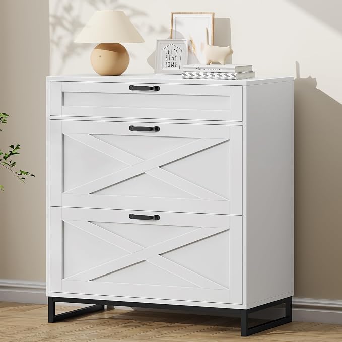 Halitaa File Cabinet 3 Drawers Lateral File Cabinet for Letter/Legal/A4 Size Hanging Files, Large Wood File Storage Cabinets Printer Stand for Home Office, White and Black