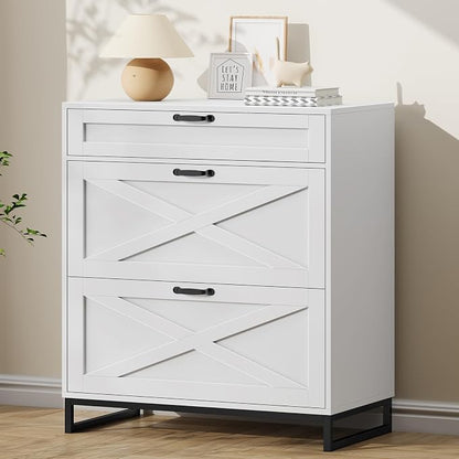 Farmhouse Lateral File Cabinet, Modern Farmhouse Filing Cabinet with 3 Drawers for Letter/Legal/A4 Size Hanging Files, File Storage Cabinet for Home Office, Printer Stand with Storage, Office White