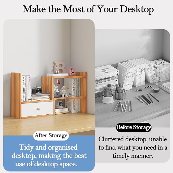 WWEENUO Expandable Desktop Bookshelf, Freestyle Adjustable Display Desk Shelf Counter Storage Rack Top Bookcase for Office & Home (Cherry Wood)