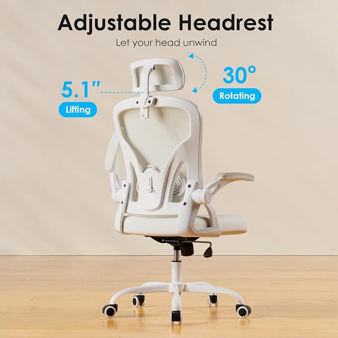 Farini Ergonomic Office Chair, Home Office Desk Chair with Headrest, High Back Swivel Computer Chair with Armrests and Adjustable Lumbar Support for Home Office Study Room, White & Beige