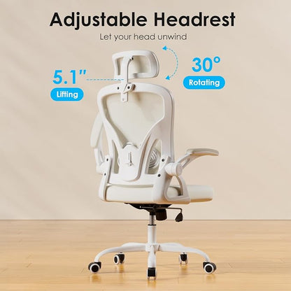 Farini Ergonomic Office Chair, Home Office Desk Chair with Headrest, High Back Swivel Computer Chair with Armrests and Adjustable Lumbar Support for Home Office Study Room, White & Beige