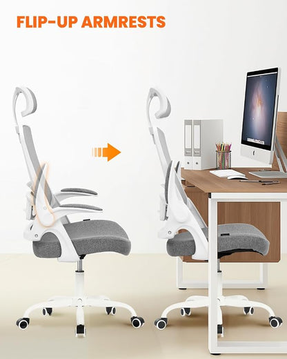 NEO CHAIR Office Chair High Back Desk Mesh Chair Comfy Computer Gaming Seat with Adjustable Ergonomic Headrest Lumbar Rolling Flip-up Armrests and Wheels (Grey)