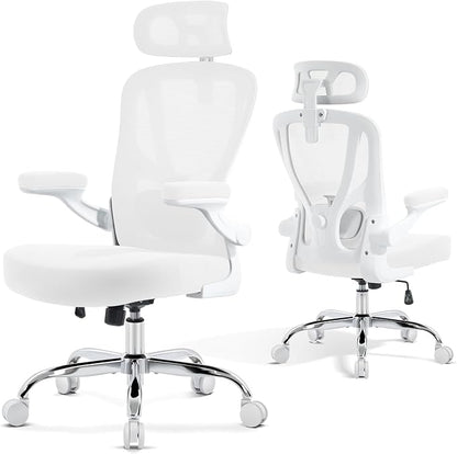 Office Chair Ergonomic Office Chair with Lumbar Support, Head Support, Rocking Function, Flip-up Armrests, Home Office Desk Chair, Suitable for Home, Office, White, 1 Pack