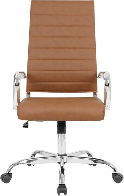 LANDSUN Home Office Chair High Back Executive Chair Ribbed Leather Computer Desk Chair with Armrests Soft Padded Adjustable Height Swivel Modern Conference Chrome Brown