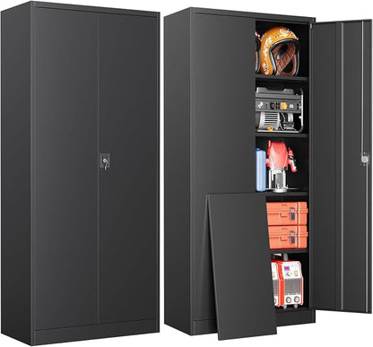 Metal Storage Cabinet with Lock,71" Black Garage Cabinet with 2 Doors and 4 Adjustable Shelves, Steel Locking Cabinets Tall Tool Storage Cabinet, Lockable File Cabinet for Home Office, Pantry