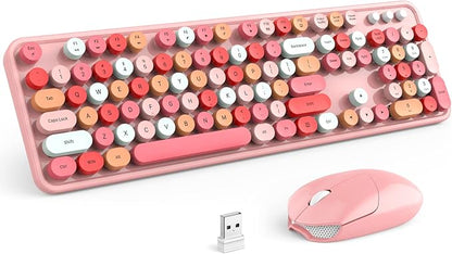 KNOWSQT Wireless Keyboard and Mouse Combo, Pink 104 Keys Full-Sized 2.4 GHz Round Keycap Colorful Keyboards, USB Receiver Plug and Play, for Windows, Mac, PC, Laptop, Desktop