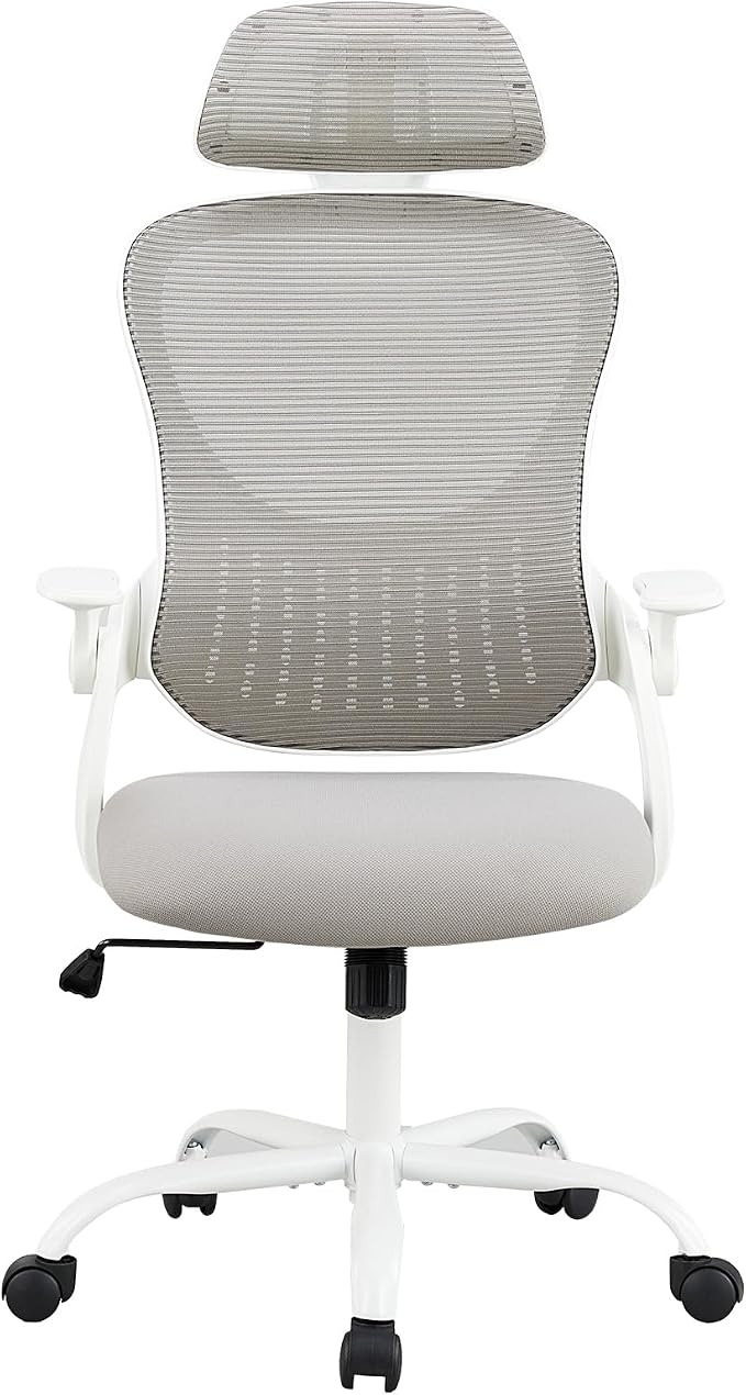 DUMOS Ergonomic Office Chair – High Back Mesh Computer Chair with Lumbar Support, Headrest, Flip-up Arms, and Swivel Wheels – Comfortable Gaming & Desk Chair for Home Bedroom Office,Grey