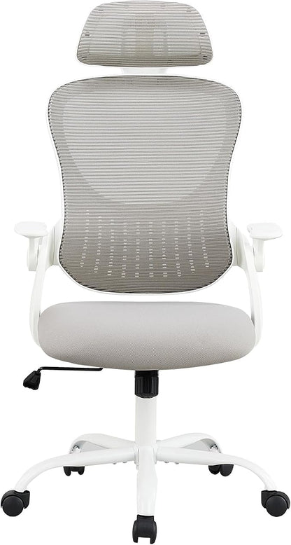 DUMOS Ergonomic Office Chair – High Back Mesh Computer Chair with Lumbar Support, Headrest, Flip-up Arms, and Swivel Wheels – Comfortable Gaming & Desk Chair for Home Bedroom Office,Grey