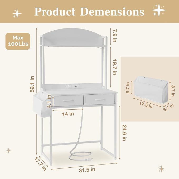 KATHY&BOB Small Home Office Study Desk - Freestanding Arched Design with Fabric Drawers & Side Bag - Modern Vanity Makeup Desk - Open Shelf & Computer Gaming Station (White)