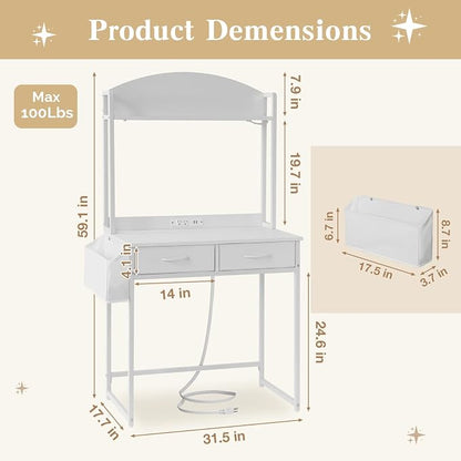 KATHY&BOB Small Home Office Study Desk - Freestanding Arched Design with Fabric Drawers & Side Bag - Modern Vanity Makeup Desk - Open Shelf & Computer Gaming Station (White)