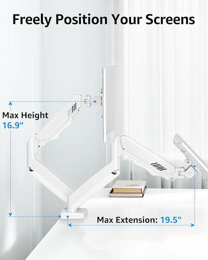 Dual Monitor Stand fits up to 32 inch, 4.4-19.8 lbs Computer Screens, Dual Monitor Desk Mount Height Adjustable, Monitor Arms for 2 Monitors, Home Office VESA Mounts, Freelift White