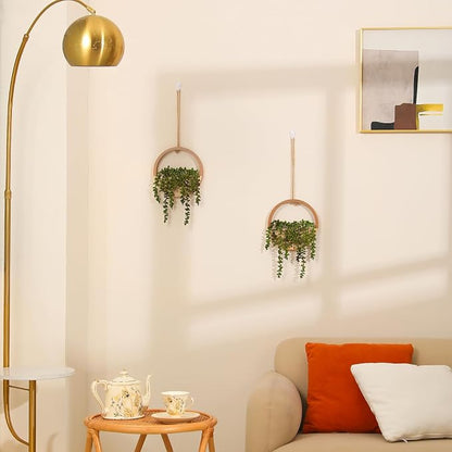2 Pack Fake Plants Artificial Wall Hanging Plants, Boho Hanging Planter Fake Succulents Artificial String of Pearls in Wooden Pots with Lanyard for Home Office Wall Decoration