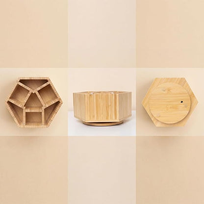 360° Rotating Bamboo Desk Organizer Hexagon Art Supply Holder Office Storage for Colored Pencils, Crayons, Paint Brushes, and Makeup Cosmetics