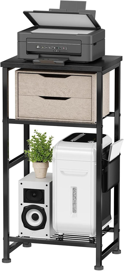 Industrial 3 Tier Printer Stand, Home Printer Wood Table with Wire Storage Shelf for Scanner Fax Machine, Heavy Duty Metal, Black with Burly Wood Board