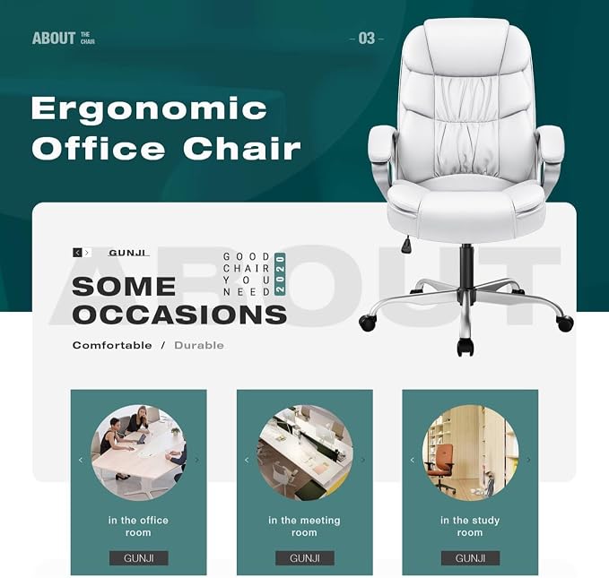 GUNJI Office Chair PU Leather High Back Executive Chair Ergonomic Computer Chair, Modern Adjustable Home Desk Chair Swivel Managerial Chair with Padded Armrests and Lumbar Support (White)