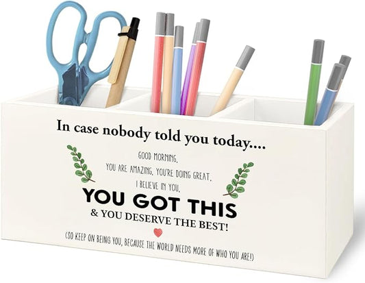 Inspirational Gifts Wooden Pen Pencil Holder for Office Desk Accessories, Motivational Gifts for Women, Motivational Quote Makeup Brush Toothbrush Holder Organizer