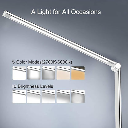 LED Desk Lamp with USB Charging Port, 5 Color Modes, 10 Dimmable Brightness Levels, Eye-Caring Reading Light, Touch Control & 30/60 min Auto Timer, Silver