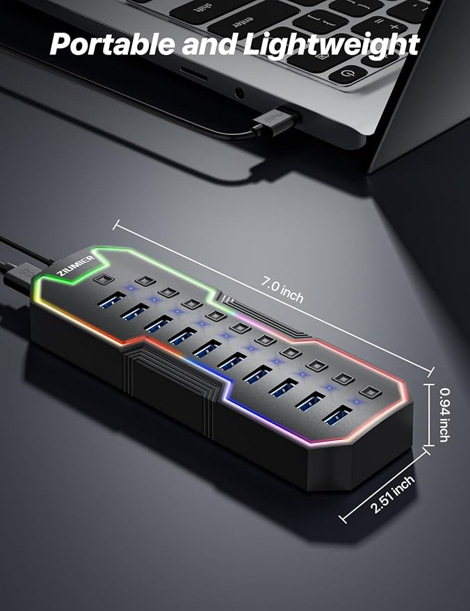 ZIUMIER Powered USB Hub, 10 Ports USB 3.0 Hub with RGB LED Strip | 12V/2A Power Adapter USB Extension,Individual LED On/Off Switches for Mac, PC, Desktop, Flash Drive, Mobile HDD