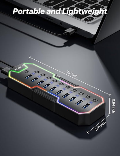 ZIUMIER Powered USB Hub, 10 Ports USB 3.0 Hub with RGB LED Strip | 12V/2A Power Adapter USB Extension,Individual LED On/Off Switches for Mac, PC, Desktop, Flash Drive, Mobile HDD