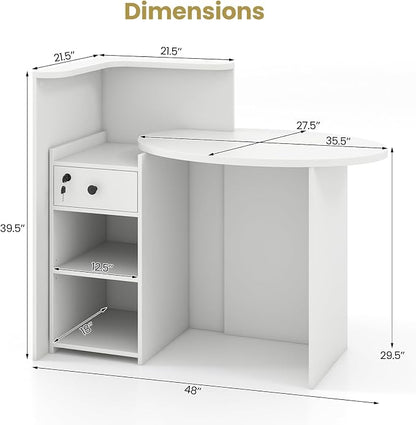 Giantex Reception Desk, Front Counter Desk with Lockable Drawer, Checkout Table with Round Tabletop, Corner Shelf & Adjustable Shelf for Office Beauty Salon Retail Store (White)