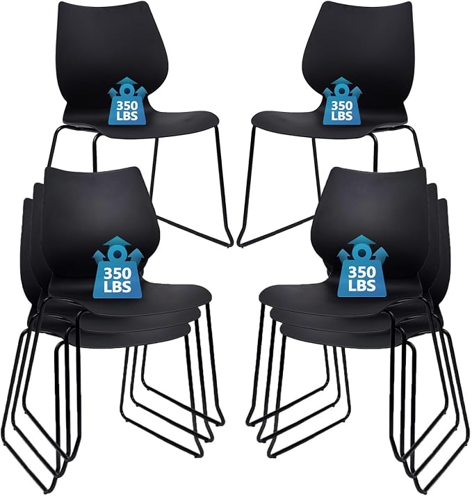 KLASIKA Stackable Waiting Room Chair, Stacking Office Chair with Ergonomic Lumbar Support and Metal Legs, Plastic Desk Chairs for Conference School Church Guest Reception Set of 8, Black