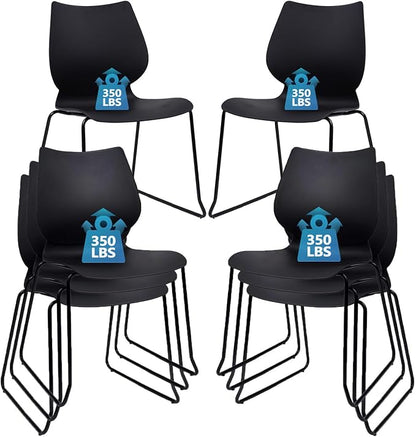KLASIKA Stackable Waiting Room Chair, Stacking Office Chair with Ergonomic Lumbar Support and Metal Legs, Plastic Desk Chairs for Conference School Church Guest Reception Set of 8, Black