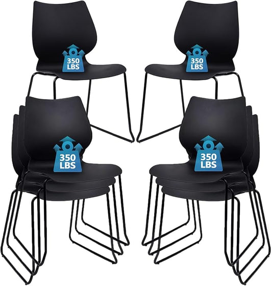 KLASIKA Stackable Waiting Room Chair, Stacking Office Chair with Ergonomic Lumbar Support and Metal Legs, Plastic Desk Chairs for Conference School Church Guest Reception Set of 8, Black