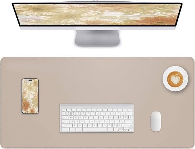 Leather Desk Pad Protector Large Mouse Pad, Stitched Locking Edge Non-Slip PU Leather Desk Mat Laptop Desk Pad Blotter, Waterproof Durable Writing Pad for Office and Home (Beige, 120 x 43cm)