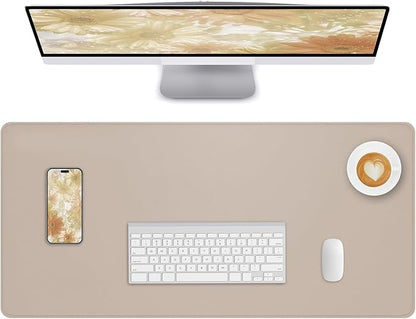 Leather Desk Pad Protector Large Mouse Pad, Stitched Locking Edge Non-Slip PU Leather Desk Mat Laptop Desk Pad Blotter, Waterproof Durable Writing Pad for Office and Home (Beige, 120 x 43cm)