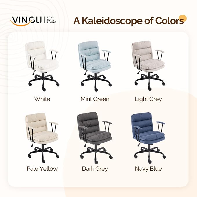 VINGLI Comfortable Office Desk Chairs with/No Wheels,Dual-Base,Removable Armrests,Adjustable Comfy Swivel Computer Task Nail Tech Chair for Office,Sewing,Makeup Vanity,Teen,Linen Fabric,Pale Yellow