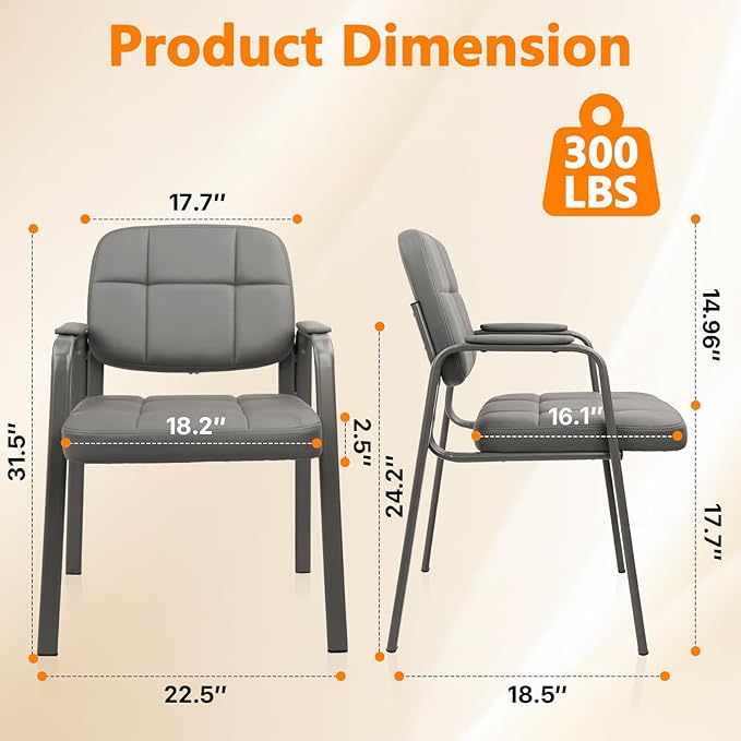 CLLATINA Waiting Room Chairs with Padded Arms Leather Guest Chair no Wheels for Office Reception and Conference Desk Gery, 4PK