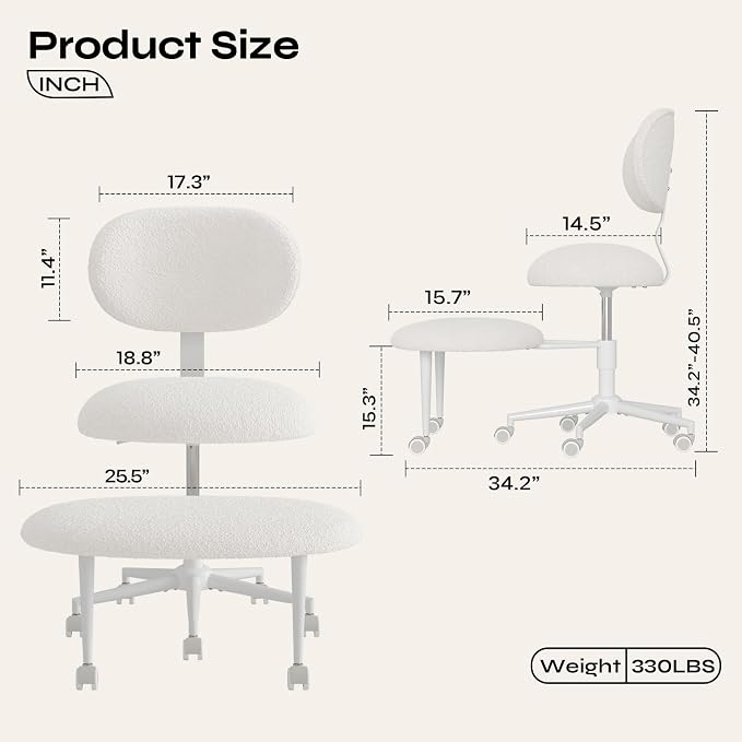 Pinmoco Ergonomic Cross Legged Office Chair with Wheels, ADHD Chair for Adults, Meditation Chair, Yoga Office Chair, Comfortable Back Support, Height Adjustable,Small Spaces, Teddy Fabric, White
