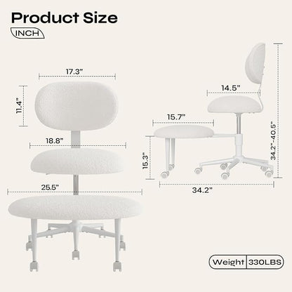 Pinmoco Ergonomic Cross Legged Office Chair with Wheels, ADHD Chair for Adults, Meditation Chair, Yoga Office Chair, Comfortable Back Support, Height Adjustable,Small Spaces, Teddy Fabric, White
